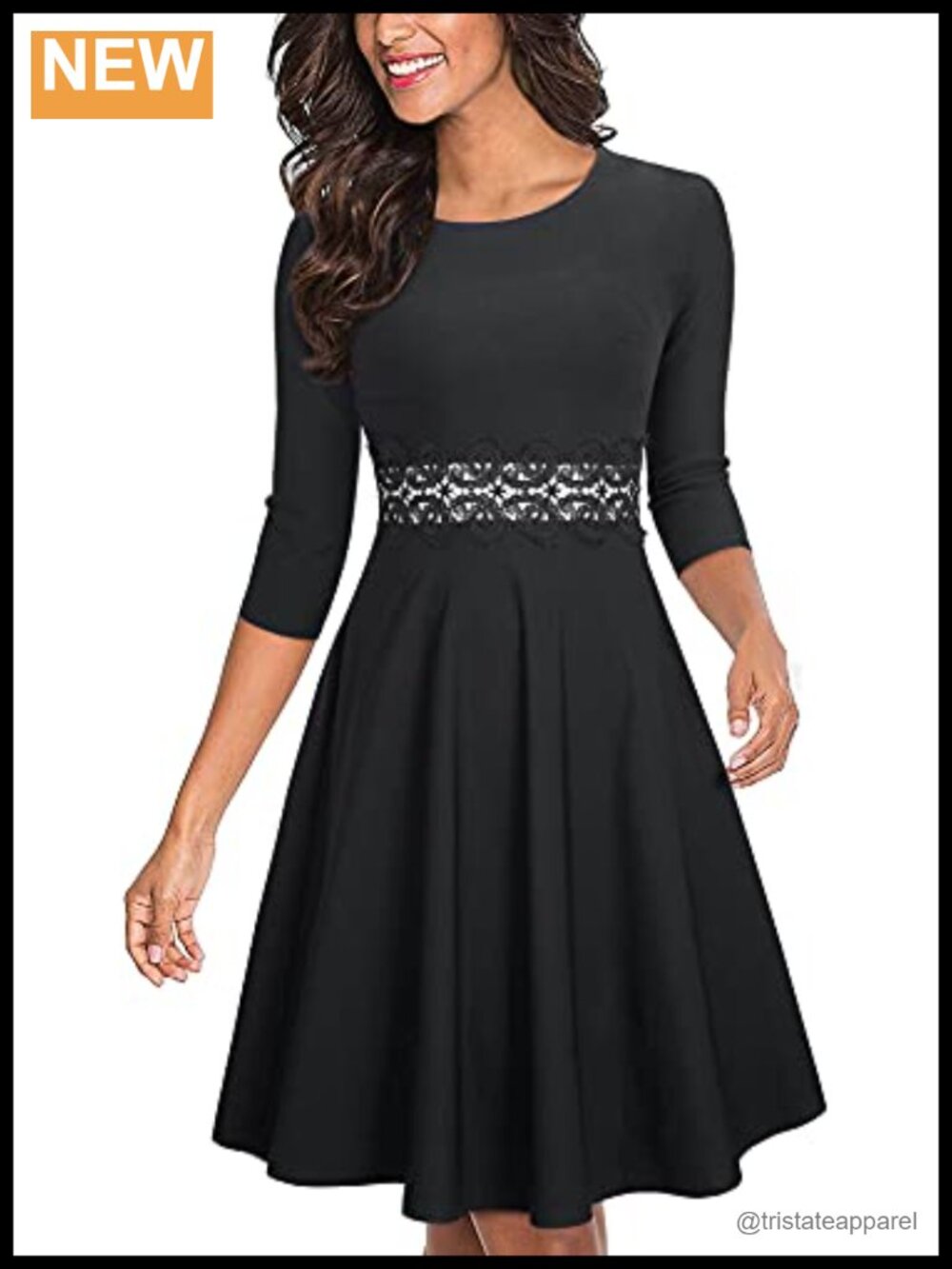 HOMEYEE A-Line Cocktail Dress 3/4 Sleeve Lace Patchwork Knee-Length